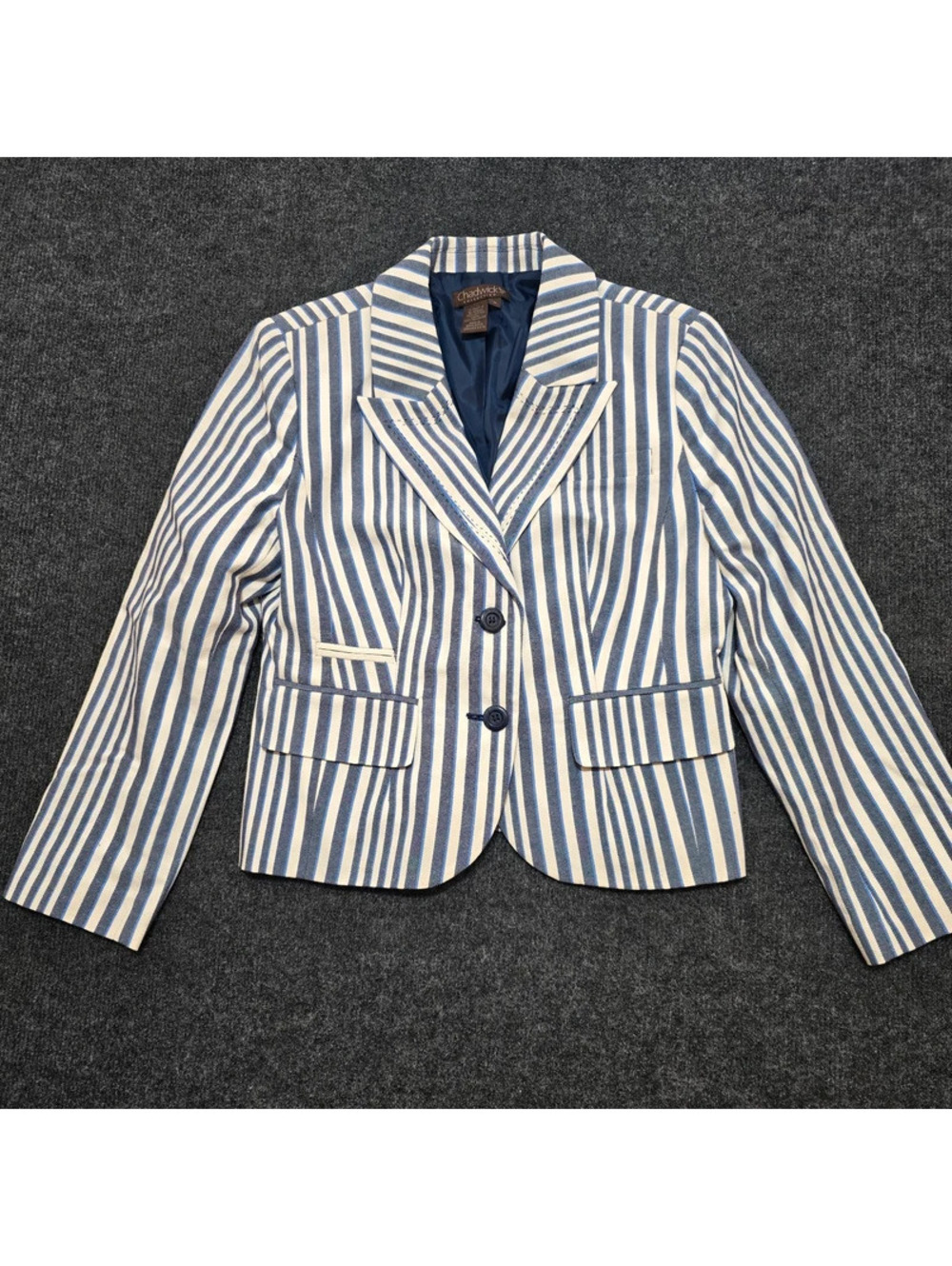 Chadwicks Collection Striped Cotton Blazer 8P Womens Blue White Nautical Coat